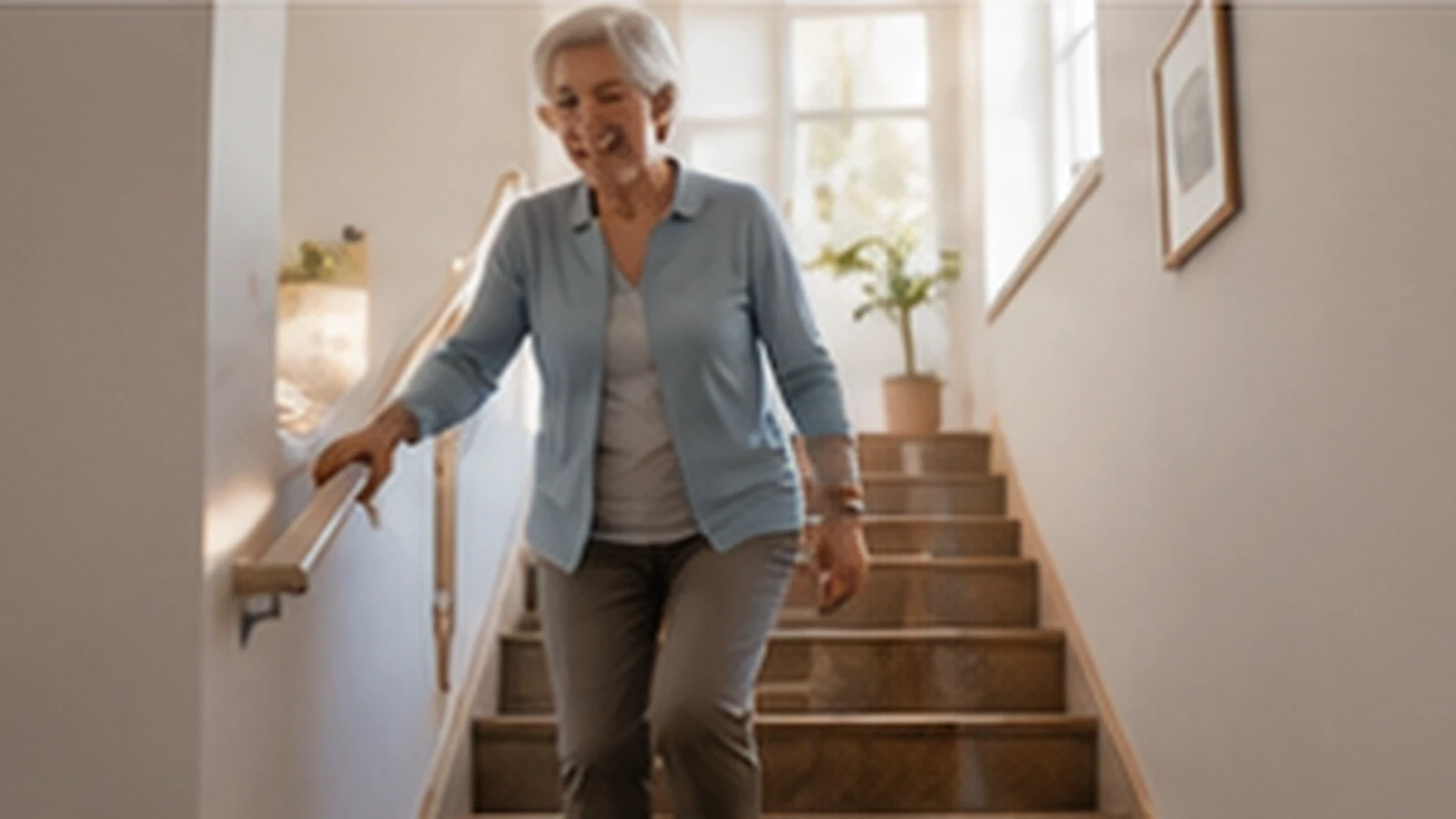 Senior montant prudemment un escalier en tenant la rampe après une prothèse de genou